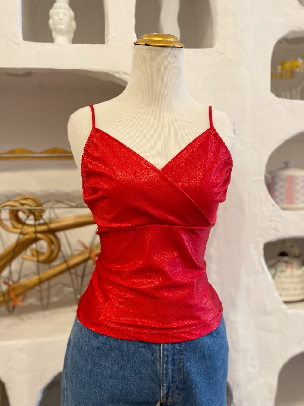90s Y2K Vintage Red Le Chateau V-Neck Sparkly  Cami Party Tank Top
